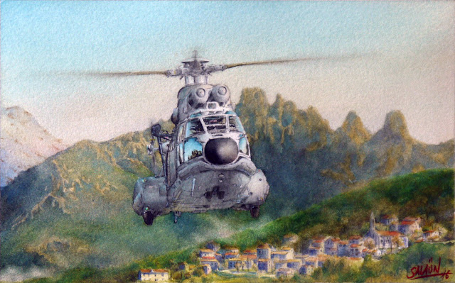 Aquarelle, Hélicoptères, AS-332, Super-Puma, EH 01-044 Solenzara