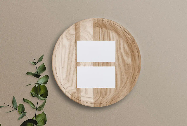 Free Business Card Mockup on Wooden Tray