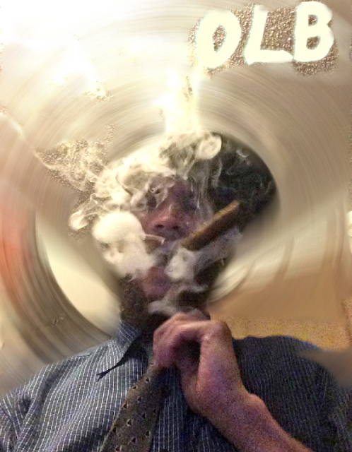 Oregonleatherballs smoking a cigar with thick smoke pouring from mouth; spiral background