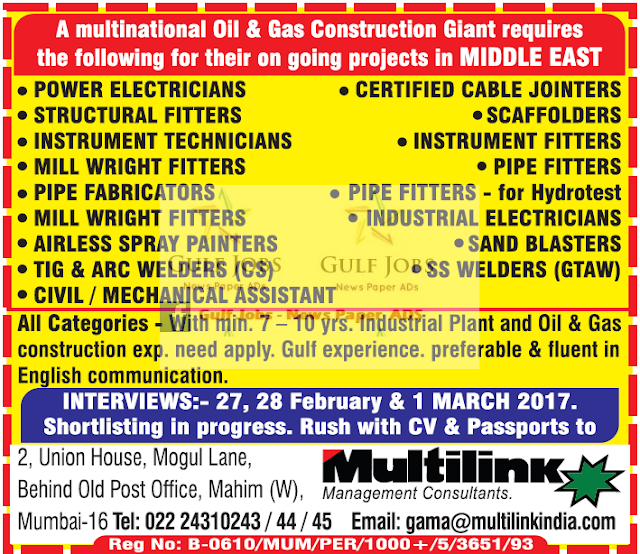 Oil & Gas construction Project Jobs for Middle East