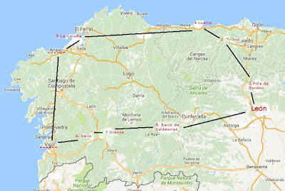 Mapa en el que se señala el itinerario del viaje que realiza Rosario de Acuña en el verano de 1887