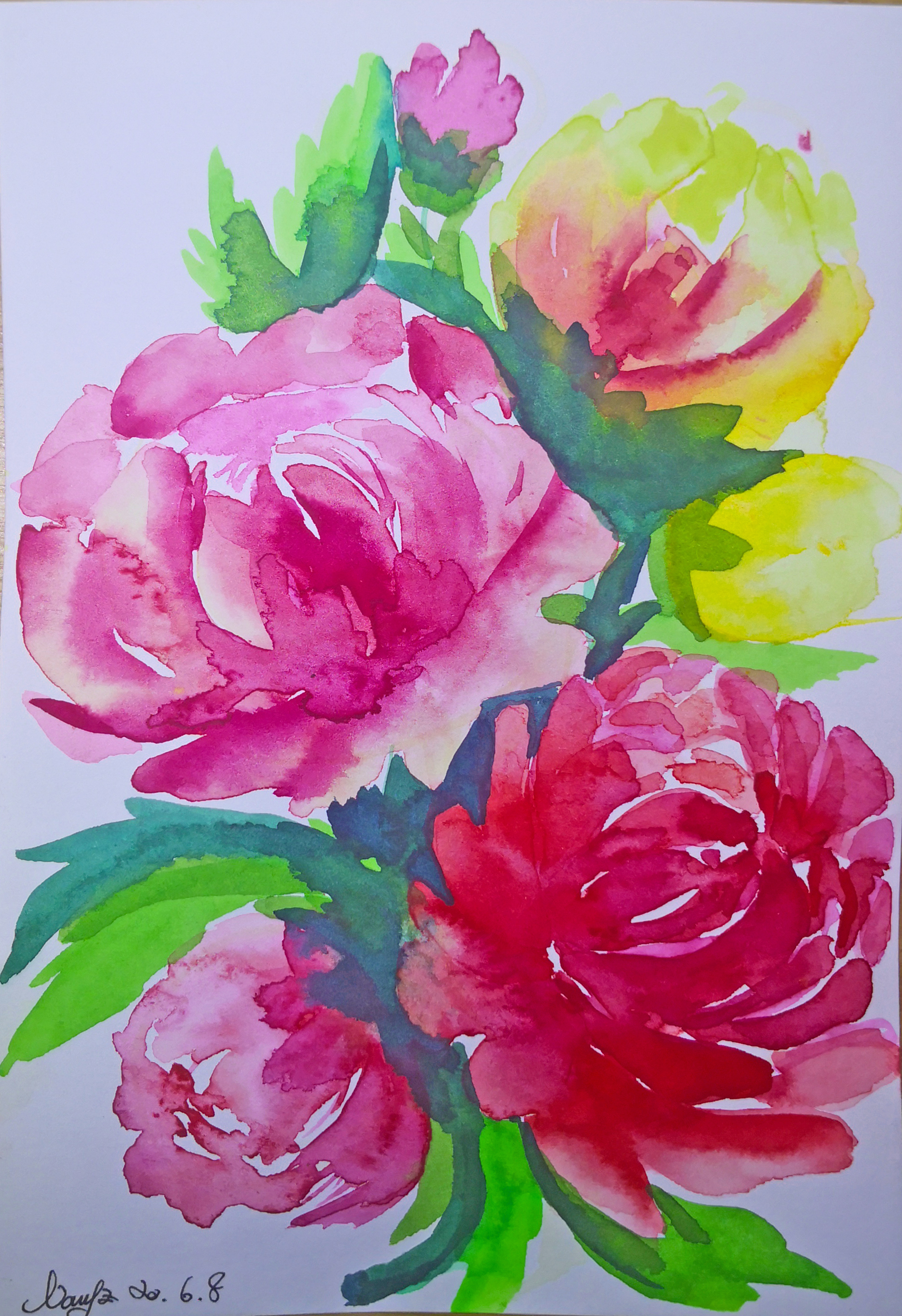 How to draw a watercolor rose and peony flower step by step easy