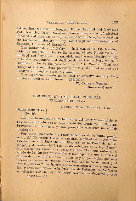 Executive Order No. 85 s. 1919 English version continued; Spanish version.