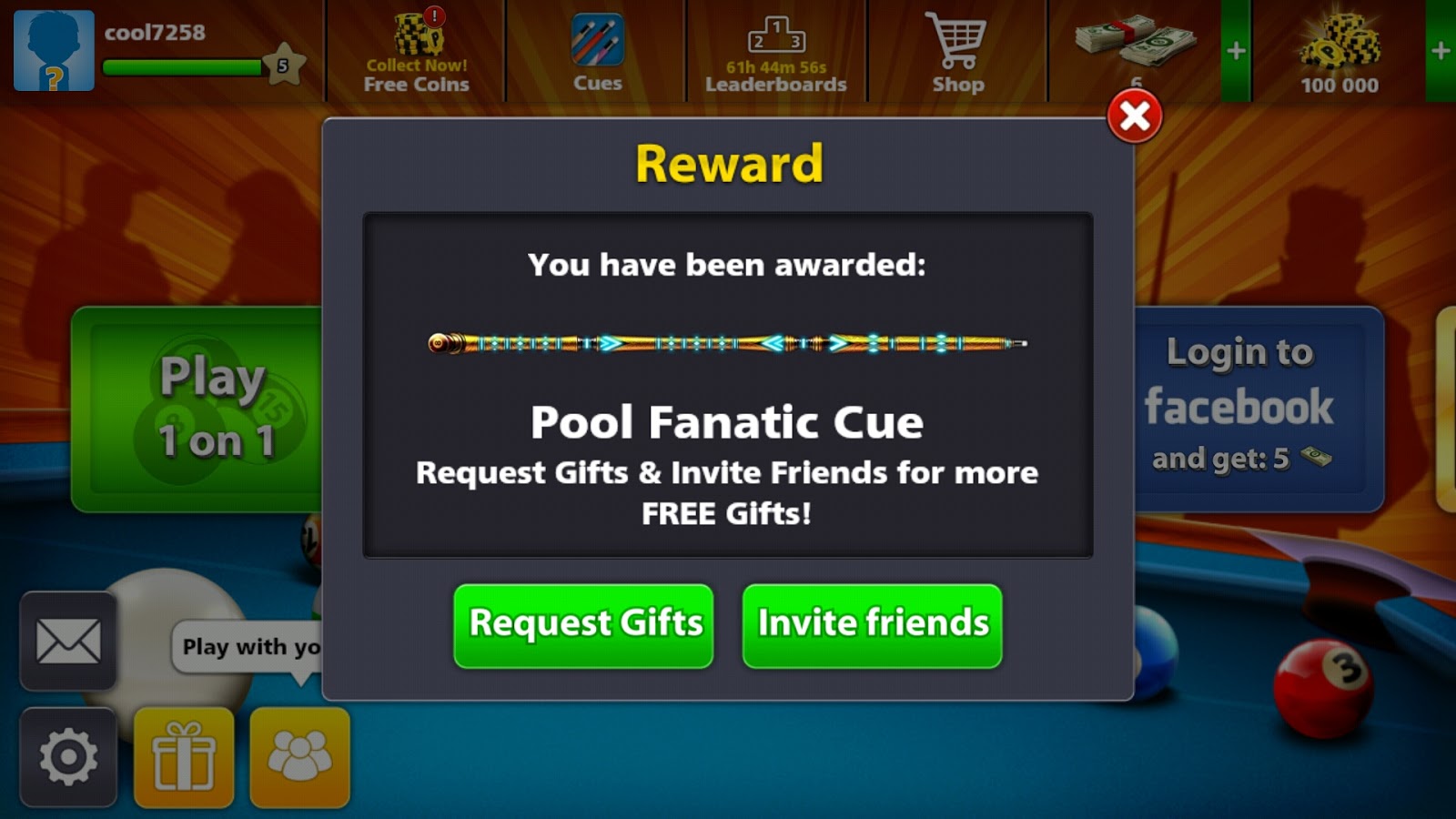 8 Ball Pool Free Pool Fanatic Cue + Some Rewards Coins 7th ... - 
