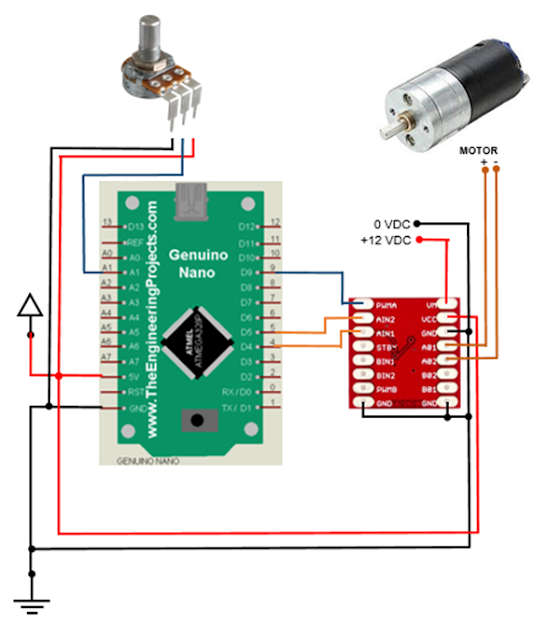 Rangkain pengkabelan motor dc dengan driver TB6612FNG dan diatur dengan Potensiometer.