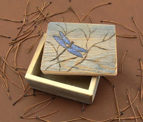wooden keepsake box with etched dragonfly