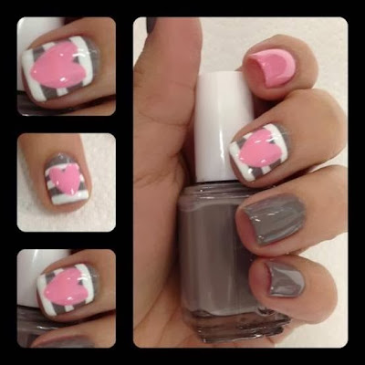 Grey and Pink heart Nail art design!