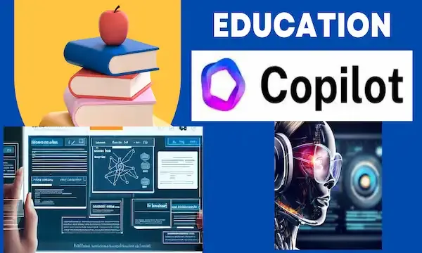 a stack of books, a robot, and a tablet. The books are stacked on a table, and the robot is standing next to the table. The robot is holding the tablet in its hands. There is also a sign indicating "Education Copilot" as an AI-powered platform that simplifies lesson-making plans and instruction techniques for educators and college students as well.