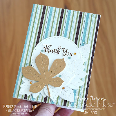 Handmade thank you card made with Stampin' Up! Stitched Leaves dies, Stitched Shapes dies, Peaceful Moments stamp set. Card by Di Barnes - Independent Demonstrator in Sydney Australia - colourmehappy - just add ink - card challenges