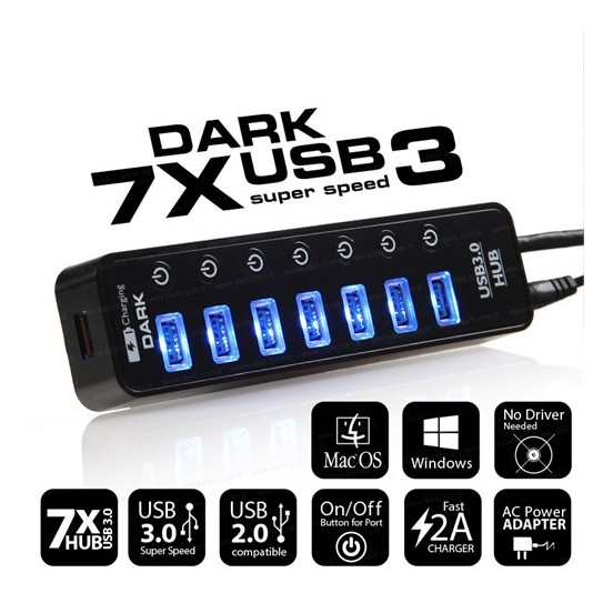 Dark Connect Master 7xUSB 3.0 + 1x2A USB Hızlı Şarj Çıkışlı Adaptörlü USB Hub (DK-AC-USB371)