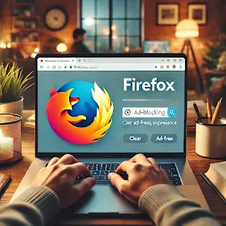 لقطة شاشة لجهاز كمبيوتر محمول يعرض متصفح فايرفوكس، حيث يظهر خيار حجب الإعلانات على الشاشة. المتصفح يتميز بالخصوصية وسهولة تخصيص الحماية للمستخدمين