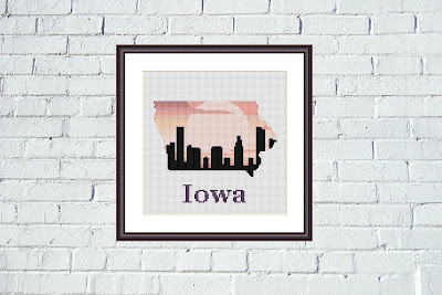 Iowa sunset skyline map silhouette cross stitch pattern - Tango Stitch