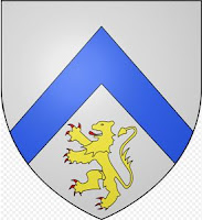 le blason de Stenay, avec un chevron d'azur et un LYON d'or pouvant appuyer sa triangulation avec la colombe de L'YONNE