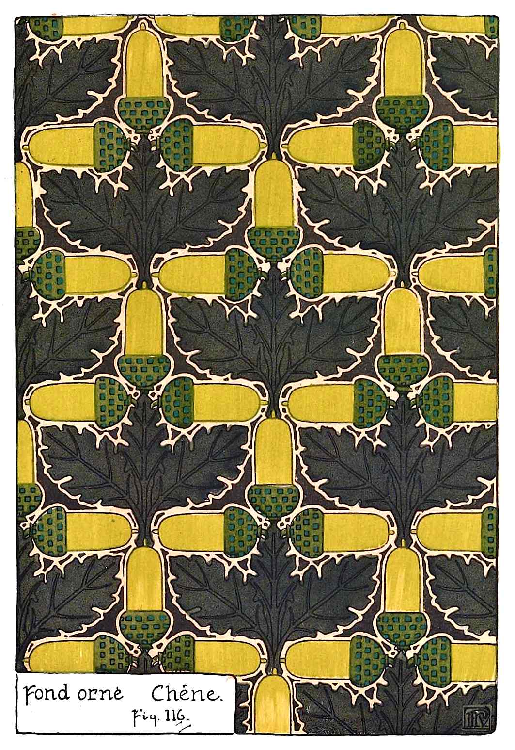 1903 French ornamental oak leaves and acorns in color, Fond orne Chene