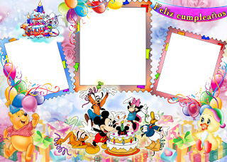 Marco para fiesta de Cumpleaños de Winnie the Pooh and Mickey y sus amigos - Frame Happy Birthday Winnie the Pooh and Mickey