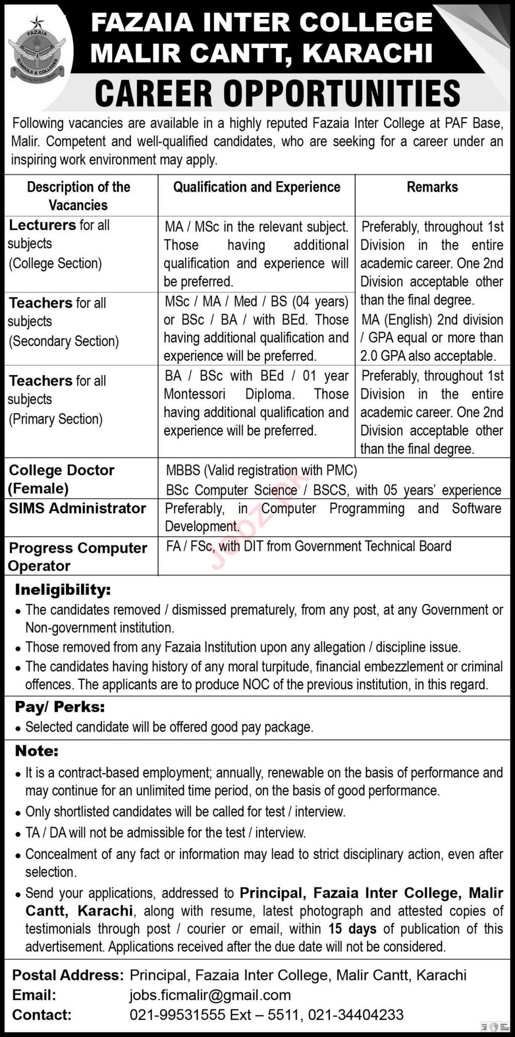 Latest Fazaia Inter College Education Posts Karachi 2022