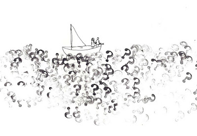 Dibujo de una pareja que navega en un barquito a través de un mar de signos de interrogación