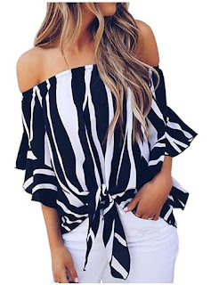 Imily Bela Womens Off Shoulder Tie Front Tops Short Ruffle Sleeve Striped Loose Blouses