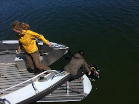 Kaksi ihmistä veneessä auttavat vedessä olevaa sukeltajaa.