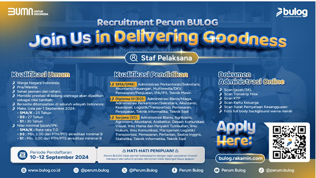Join Us In Delivering Goodness! Perum BULOG Posisi yang dibuka: STAF PELAKSANA