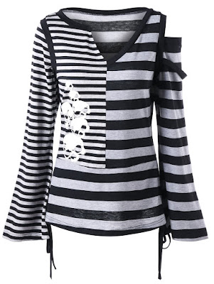 Cut Out Flare Sleeve Striped Top - Black And Grey, blusa preta