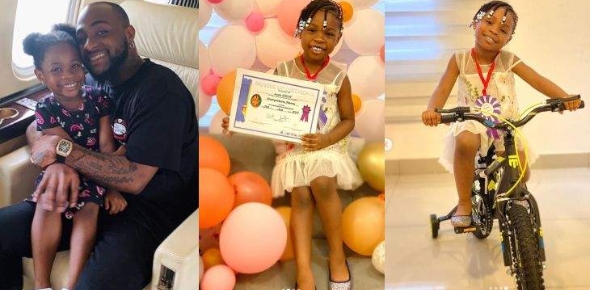 Davido buys his daughter Imade a bicycle as she graduates from kindergarten (Photos)