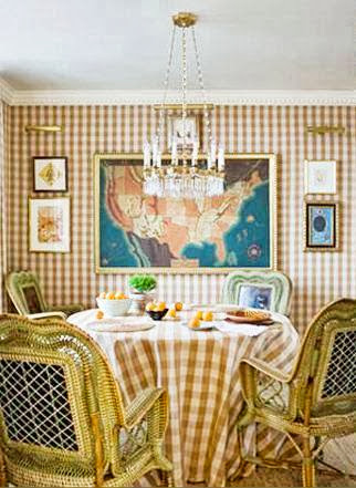 Gingham dining room with tan and cream gingham wallpaper, tablecloth and rattan chairs