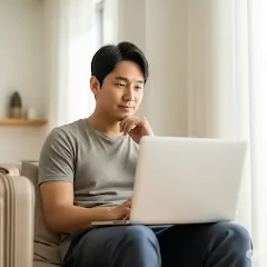 노트북 앞에서 환급 신청 중인 여행객