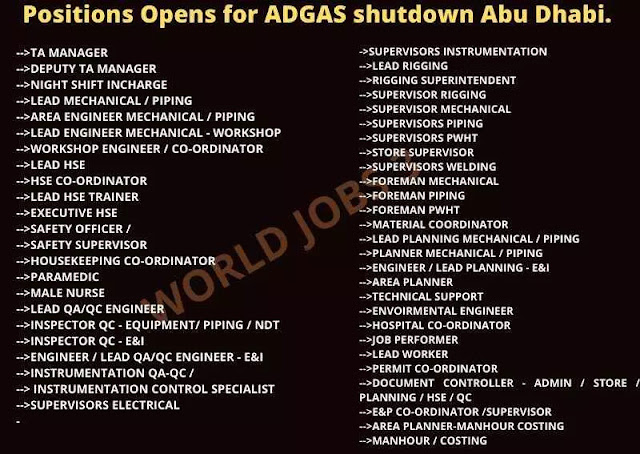 Positions Opens for ADGAS shutdown Abu Dhabi
