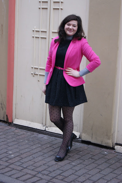 Black Tights with Hot Pink Dress Cold Weather Outfits (2 ideas & outfits)