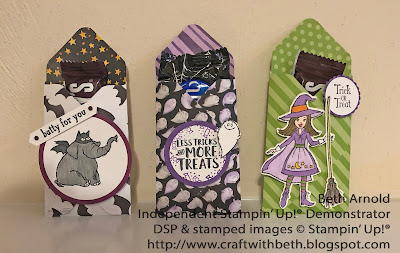 Craft with Beth: Stampin' Up! Halloween Treat Holders Envelope Punch Board Takeout Treats Toil and Trouble DSP Designer Series Paper Cauldron Bubble Trick or Tweet
