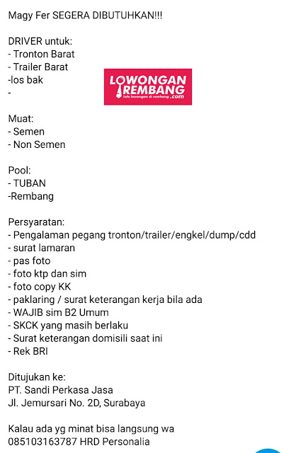 Lowongan Kerja Supir Driver Sopir Tronton Trailer Los Bak PT Sandi Perkasa Jasa Rembang Tuban