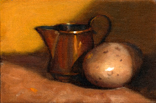 Oil painting of a yellow potato beside a small copper jug.