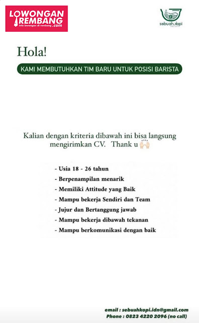 Lowongan Kerja Barista Sebuah Kopi Rembang Tanpa Syarat Pendidikan