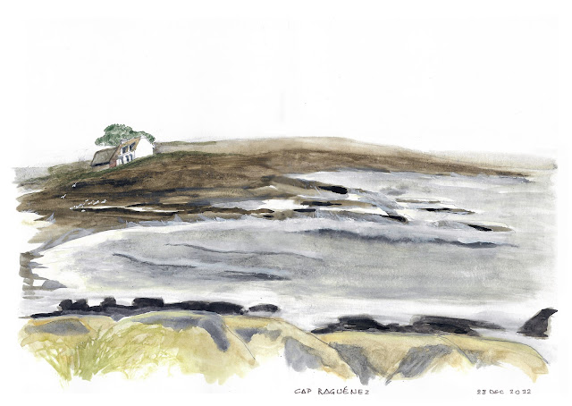 Cap Raguénez (Bretagne), sketched on location in watercolor by Linda S. Leon for https://tussendelijntjes.blogspot.com/