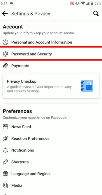 Facebook app password and security option