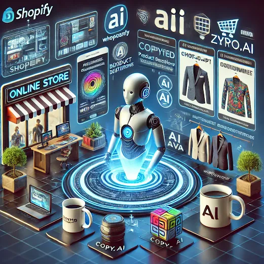 "A futuristic 3D digital illustration of an AI-powered automated e-commerce store with holographic product displays, AI-driven recommendations, and a high-tech user interface. The image includes the name 'Dr. Brijesh Chaturvedi' as branding."
