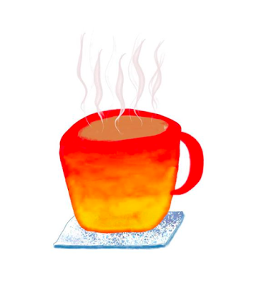 A digital illustration of a cup of tea in a red and yellow mug, on a white and blue patterned coaster. The mug is steaming as it's full of hot tea.