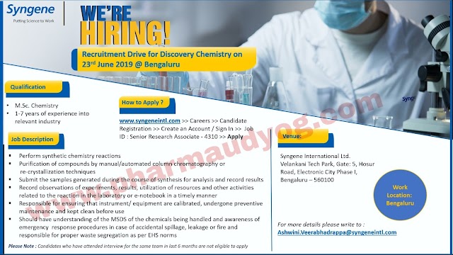 Syngene | Walk-in interview for Discovery Chemistry | 23 June 2019 | Bangalore