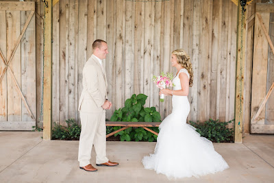 Rustic barn wedding meets vintage fairy tale. Meadow Creek Farm North Alabama Wedding Venue. Vintage Beauty and the Beast inspired wedding reception decoration ideas. Vera Wang bridesmaid dress. Lace, mermaid style wedding gown. Half up, curly wedding hair with braids. Bride and groom first look