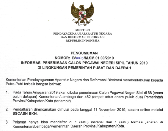 Download Daftar Lengkap Rincian Formasi CPNS Tahun 2019 di Lingkungan Pemerintah Pusat dan Daerah