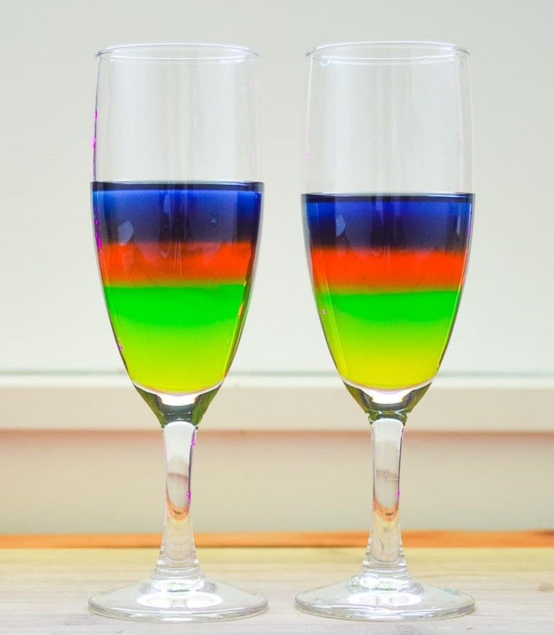 rainbow sugar water density experiment in wine glasses