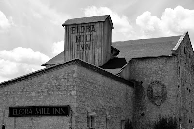 Elora Mill Inn black and white picture along Great Trail.