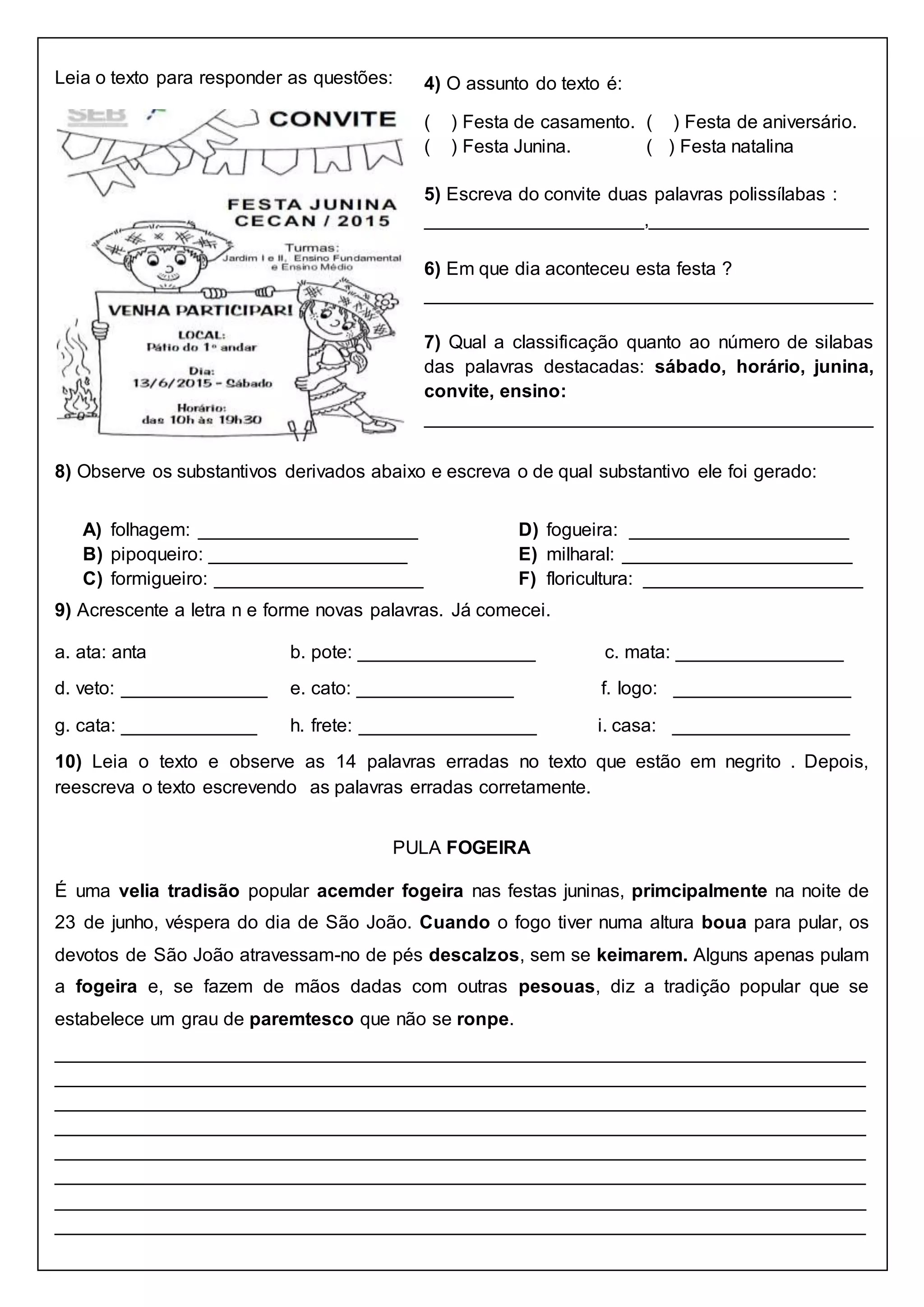 AVALIAÇÃO DE PORTUGUÊS 3 ANO INTERPRETAÇÃO DE TEXTO E GRAMÁTICA