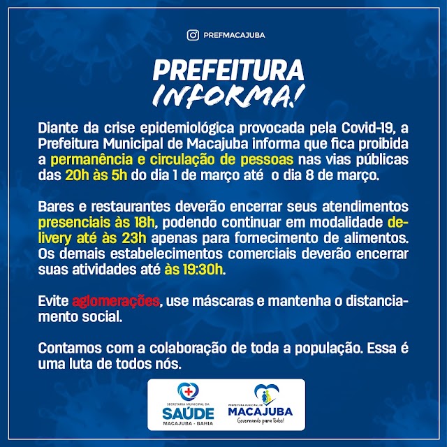 Prefeitura de Macajuba divulga novo decreto nesta segunda, confira as regras! 