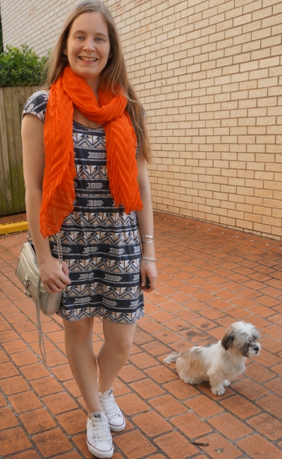 orange crinkle scarf with aztec print elasticated waist dress and white Converse Chucks silver mini MAC bag | away from blue