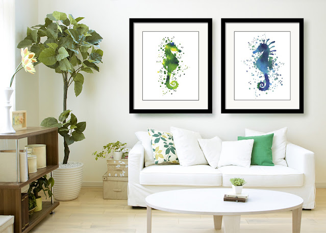 Watercolor Silhouette Of Seahorses In interior Decor Beach House Style