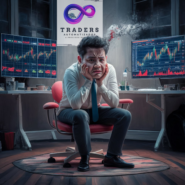Trader frustrado com uma perda inesperada no mercado Forex, mostrando gráficos em queda e números negativos, simbolizando decepção e desafio