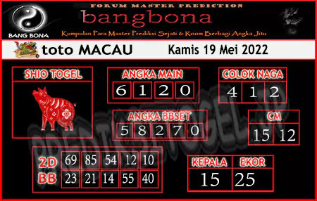 Prediksi Bangbona Toto Macau Kamis 19 Mei 2022