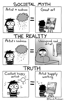 'Sarah's Scribbles' comic. Myth: artist+sadness=great art. Reality: artist+sadness=uninspired. Truth: happy artist=artist working.